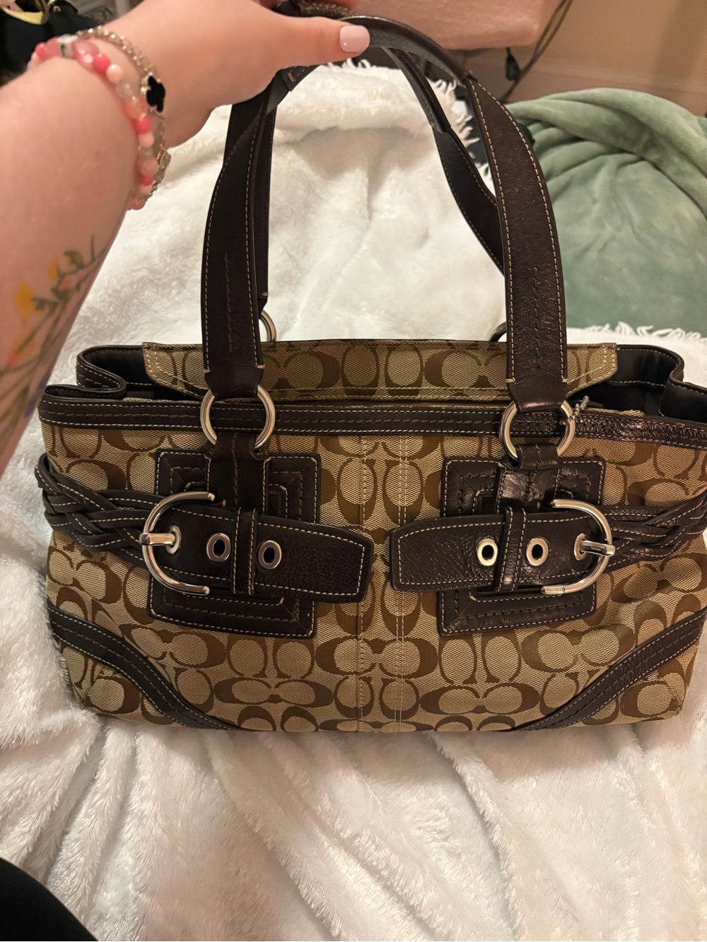 Coach Signature Canvas Tote with Dark Brown Leather Trim Vintage Y2K